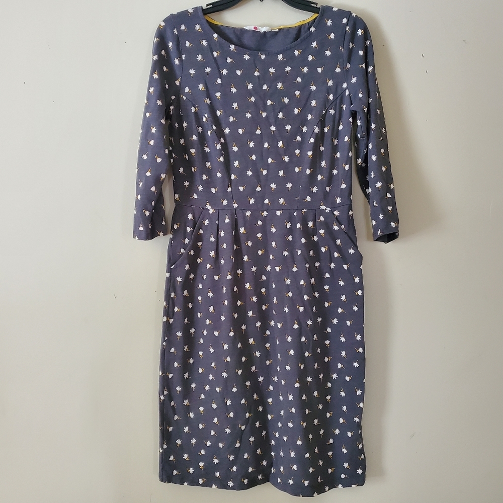 Boden Cotton Floral Grey Dress Crew Shift Pockets 3/4 Sleeve White Size 6R